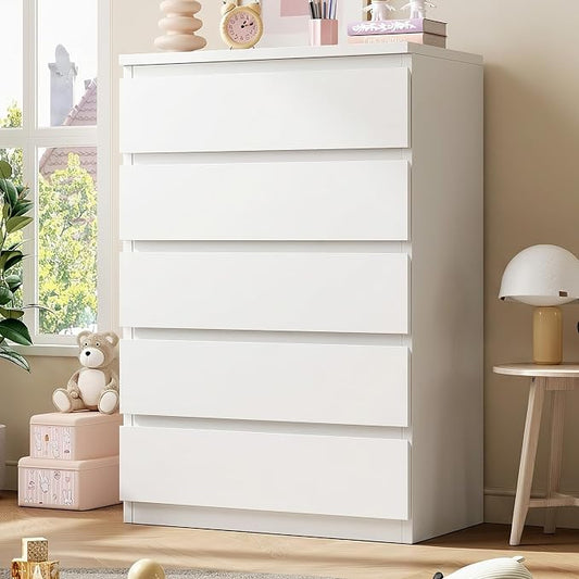 5 Drawer Dresser for Bedroom, White Dresser Chest of Drawers, Tall Dressers for Bedroom with Handleless Drawers, 15" D x 23.7" W x 40.4" H Storage Dressers for Living Room, Hallway and Entryway-White