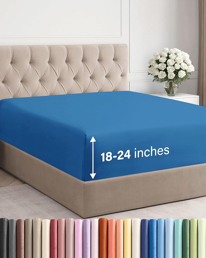 Extra Deep Full Fitted Sheet - Single Fitted Sheet Only - Royal Blue | Easily Fits 18 inch to 24 inch Mattress, Soft, Wrinkle Free, Breathable & Comfy, Extra Deep Pockets Hotel Luxury Fitted Sheet