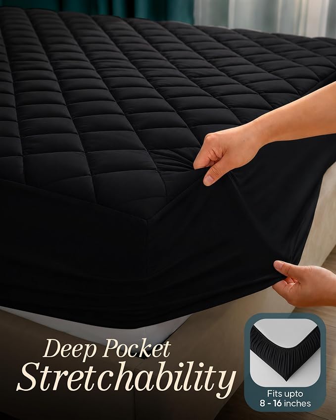 Quilted Mattress Pad, Queen Mattress Protector Topper fits 16" Deep, Black | Soft Breathable Fitted Mattress Cover, Noiseless, Deep Pockets & Machine Washable for Home & Hotels by Utopia Bedding