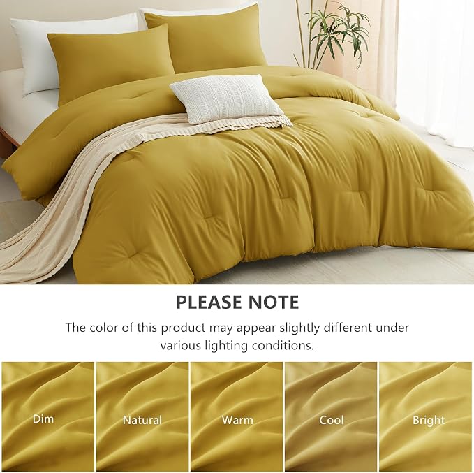 Queen Comforter Set 3-Piece Down Alternative Bedding Mustard Yellow | 270 GSM All Season Comforter with 4 Corner Ties for Use as a Duvet Insert, OEKO-TEX Certified, 2 Pillowcases, 88 x 88 in