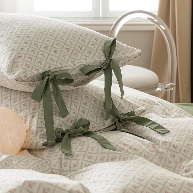 mixinni Red Floral Duvet Cover Set Full Size - 100% Cotton Green Grid Bedding with Bow Ties, 3PC Cottagecore Comforter Cover (1 Duvet Cover + 2 Pillowcases) Vintage Garden Style Soft Aesthetic