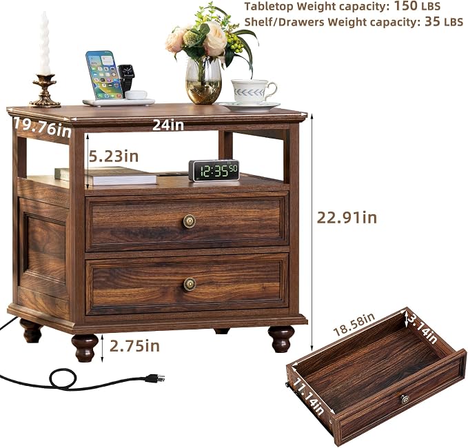 Joaxswe Farmhouse Nightstand with Charging Station, 24" Wide End Table with 2 Drawers,Brown Dresser for Bedroom, Bed Side Table Chest of Drawers Cabinet,Wood Night Stand for Living Room, Closet