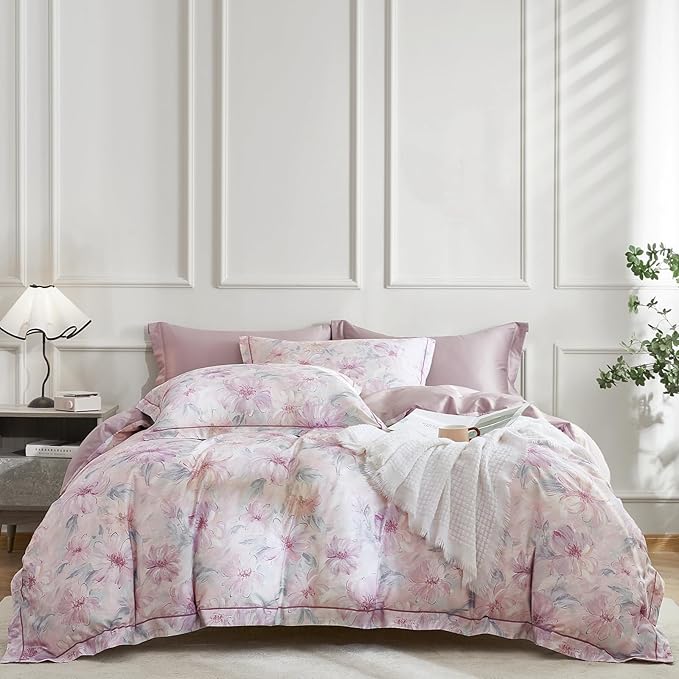 OAITE Queen Duvet Cover Set 3pcs 100% Cotton 600 Thread Count with Floral | Luxury Soft, Breathable,Long Staple Cotton,Hidden Zipper,8 Corner Ties,Easy Care for All Season