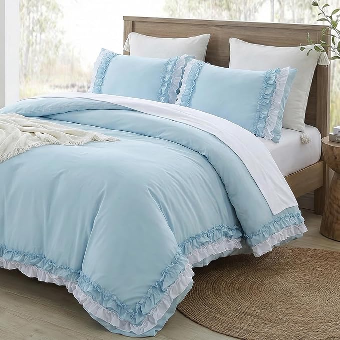 Bedrom Light Blue Duvet Cover King Ruffled Bedding Set Elegant Ruffle Lace Bedroom Decor Shabby Chic Farmhouse Style Blue Boho Duvet Cover Set