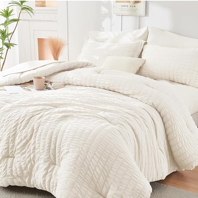 HYMOKEGE Ivory Full Size Comforter Sets Seersucker 7 Pieces, All Season Luxury Bed in a Bag for Bedroom, Bedding Set with Comforters, Sheets, Pillowcases & Shams