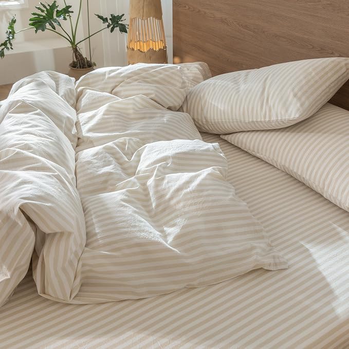 MooMee Striped Duvet Cover Set 100% Washed Cotton Linen Like Queen | Relaxed Linen-like Texture. Soft, Breathable & Long-lasting Comfort. Lightweight. Hidden Zipper with 8 Interior Corner Ties