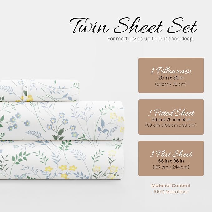 Linen Market Double-Brushed Patterned Microfiber Twin Sheet Set 3 Piece – Oeko-TEX Certified Ultra Soft & Wrinkle-Free - 16" Deep Pocket Sheets - Easy Care Twin Size - Wildflower Light Blue