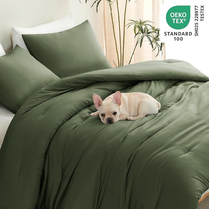 Super King Plus Comforter Set, 3 Pieces Olive Green Quilted Bedding | 270 GSM Down Alternative Fill, 4 Corner Ties for Duvet Insert Use All Season, OEKO-TEX Certified, 2 Pillowcases, 128 x 120 in