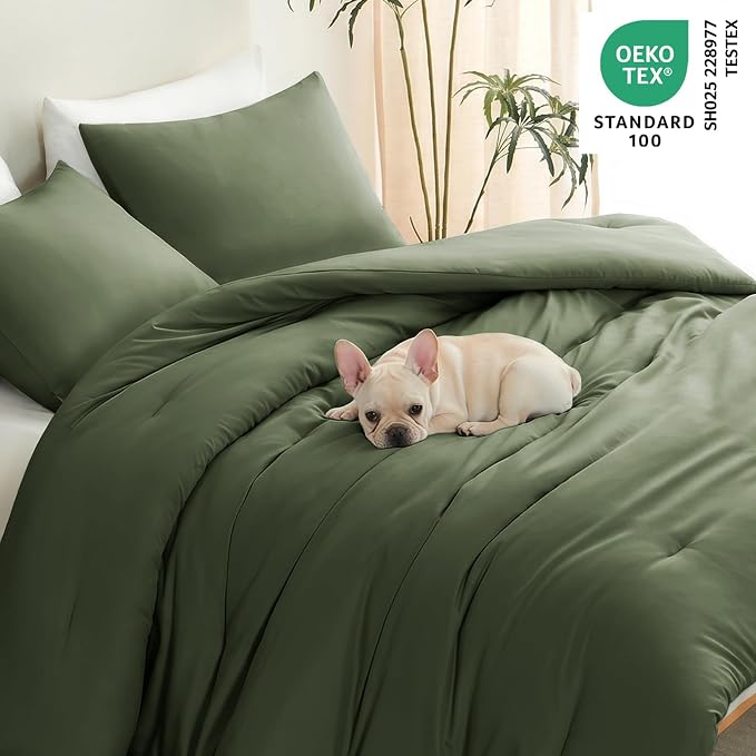 Twin Comforter Set, 2 Pieces Down Alternative Bedding, Olive Green | 270 GSM Twin XL College Dorm Comforter with 4 Corner Ties Use as a Duvet Insert, OEKO-TEX Certified, 1 Pillowcase, 68 x 88 in