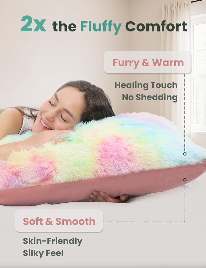 ZonLi Fluffy Body Pillow for Adults, Fuzzy Faux Fur Long Pillow with Shredded Memory Foam, Adjustable Support for Side Sleepers, Gifts, 20 x 54 Inch, Rainbow