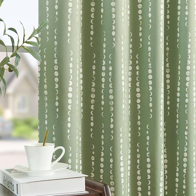 jinchan Boho Blackout Curtains 63 Inch Length Moon Phase Printed Drapes | Sage Green Farmhouse Curtain for Bedroom Living Room Back Tab Drapes Room Darkening Window Treatment 2 Panels