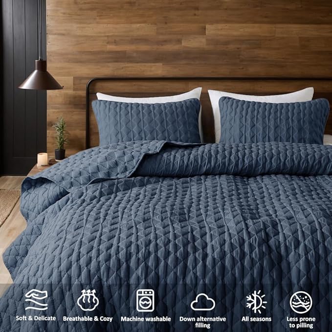 WDCOZY Navy Blue Quilt Queen Size Bedding Sets with 2 Pillow Shams, Lightweight Soft Bedspread Coverlet, Quilted Blanket Thin Comforter Bed Cover, All Season Spring Summer, 3 Pieces, 90x90 inches