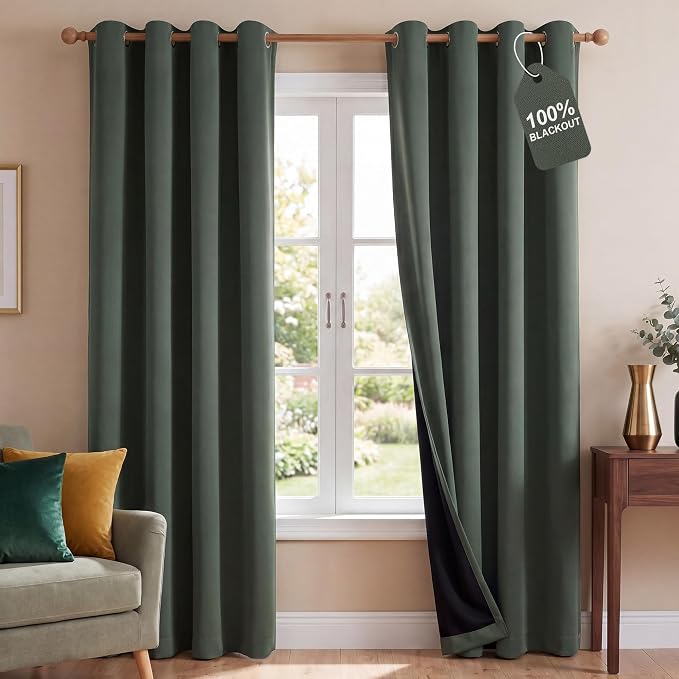 NICETOWN Dark Mallard Blackout Curtains for Baby Room 52" x 84" 2 Panels | 100% Blackout Energy Smart Noise Blocking Drapes for Window, Thermal Insulated Lined Guest Room Window Dressing Decor