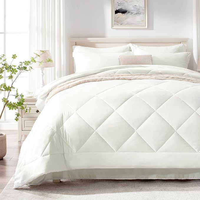Love's cabin Oversized Queen Comforter Set, 7 Pieces Bed in a Bag, All Season Bedding Sets with 1 Comforter, 1 Flat Sheet, 1 Fitted Sheet, 2 Pillowcase and 2 Pillow Sham, Ivory