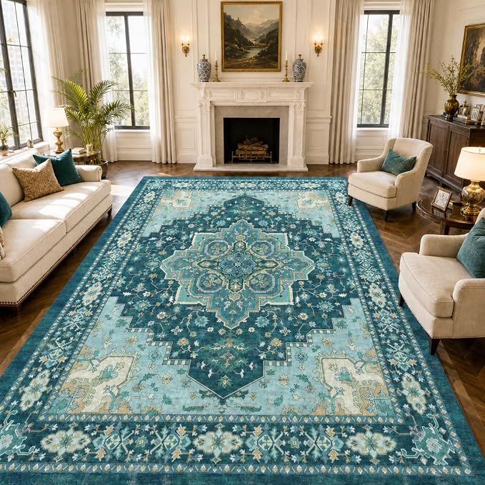 AMADA HOMEFURNISHING 8x10 Area Rug for Living Room, Vintage Washable Area Rug Low-Pile & Non-Slip Carpet for Bedroom Dining Room Nursery Home Office, Teal Blue