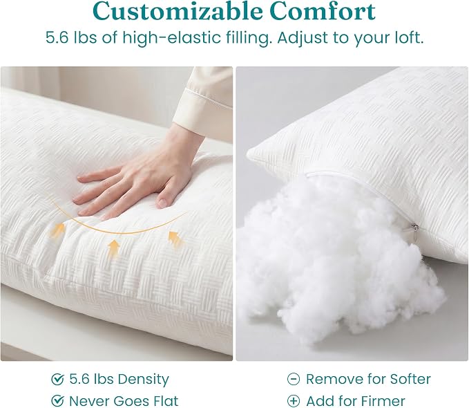 Oubonun Full Body Pillow for Side Sleeper, Adjustable Fluffy Long Pillow | Generous Fill Plush Support - Large Loft Insert for Pregnancy Contour, Breathable Sweat-Absorbing Skin-Friendly Bed Cushion
