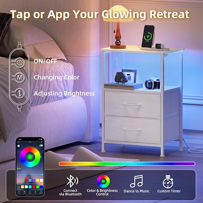 Somdot Nightstand with 2 Drawers, Charging Station & LED Light | Fabric-Bin Dresser for Bedroom, Bedside, Kids Room, Dorm, Closet, Laundry and Entryway, White