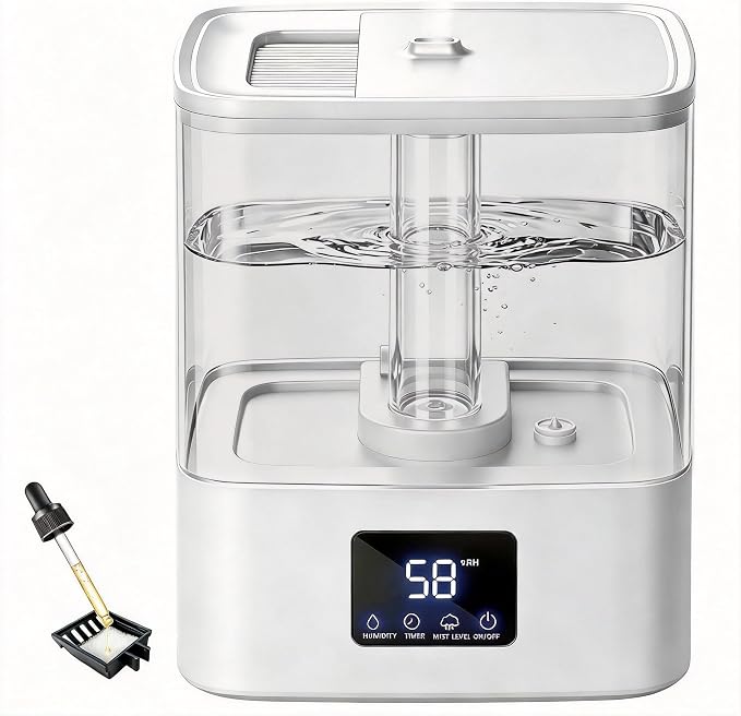 KZF 4L Top Fill Humidifiers for Bedroom & 40H Runtime - Cool Mist Humidifier, 3 Mist Levels, 8H Timer, Essential Oil Tray, Humidity Display, Quiet for Baby, Plants, Large Room (White, 4L)