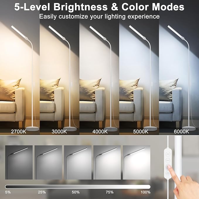 White Floor Lamp, 18W/2000LM Bright LED Floor Lamp for Living Room, Adjustable Gooseneck Dimmable Standing Office Task Lamp for Reading, Study, Eye Caring Lash Light for Sewing Tatoo Facial Spa