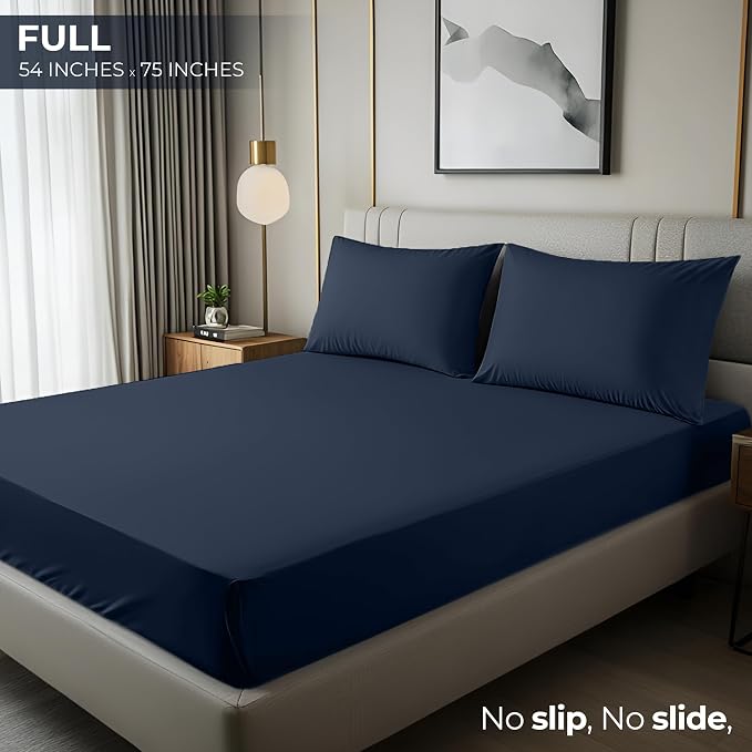 Full Fitted Sheet, Ultra Soft Fits Up to 16 Inch Deep Pocket, Navy | Hotel Comfort, Cooling & Breathable Cotton like Polyester, Easy Fit, Wrinkle & Fade Resistant, Snug Fit, Easy Care, Oeko-Tex