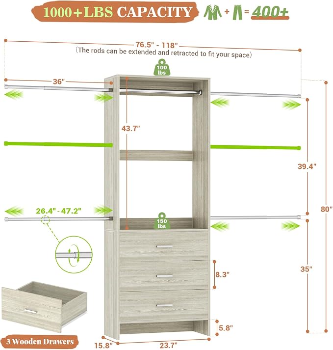 Aheaplus Closet System, 4.2-9Ft Closet Organizer with with 4 Rods, White Oak | for Walk in Closet, Wardrobe Clothes Rack with 4 Hanging Rods, Garment Rack