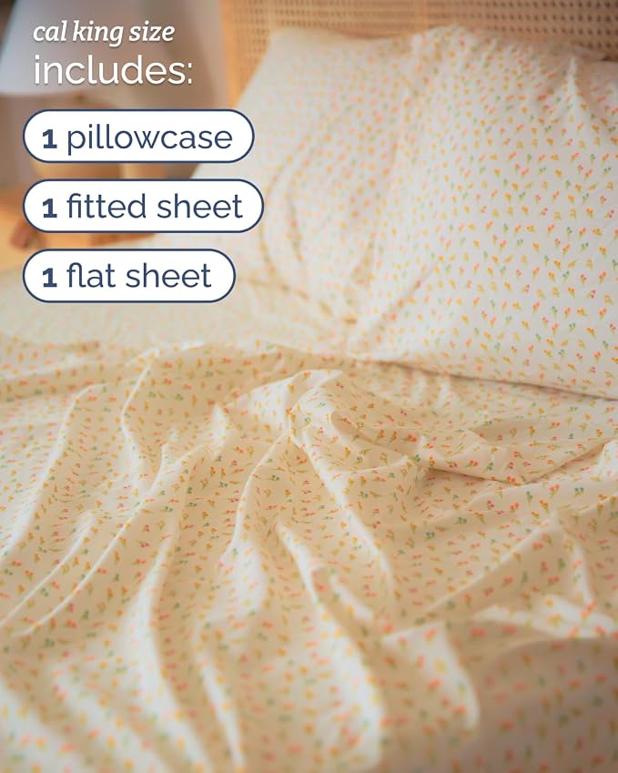 Cal King 4 Piece Floral Sheet Set - Breathable & Cooling - Petite Garden | 1 Flat, 1 Fitted & 2 Pillowcases w/ Deep Pockets, Boho Botanical Floral Bedding, Breathable & Cooling, Wrinkle & Fade Free