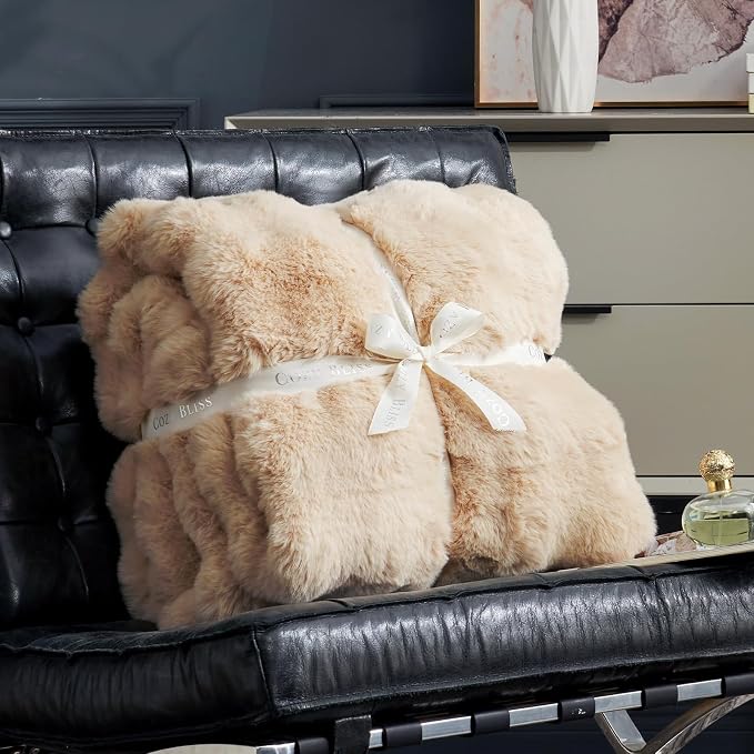 Cozy Bliss Faux Fur Throw Blanket for Couch, Bubble Plush Blanket King Size, Fuzzy Soft & Thick Blanket for Bed Sofa Living Room, 108x90 Inches Beige
