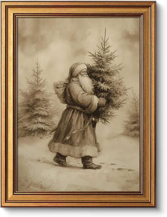 VIYYIEA Vintage Gold Framed Wall Artwork, Christmas Canvas Painting Home Decor, Oil Painting, Bedroom Wall Decoration, Gift for Friends or Family - [Santa's Tree Delivery] - (16 x 12 inches)