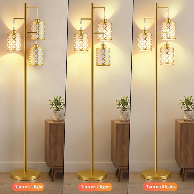 72" Dimmable Floor Lamp with Remote & Timer, Modern Light Luxury Standing Lamp for Living Room Bedroom, 3 Individually Controlled Heads, 2 Height Options, 3x 1100LM LED Bulbs Included -Gold