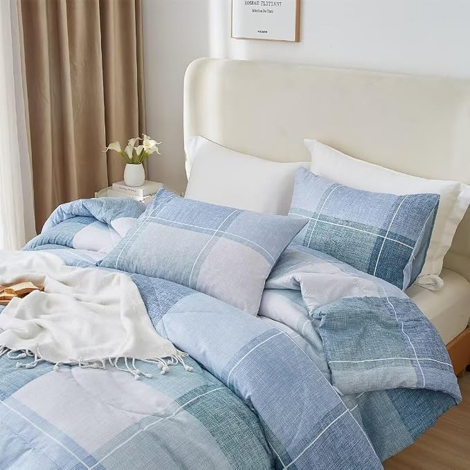 LifeTB Twin XL Comforter Set Blue Checkered Comforter Set for Men Boys Geometric Checkered Plaid Printed Boho Bedding Comforter for All Seasons Fluffy Soft Lightweight Plaid Bedding Set Twin XL