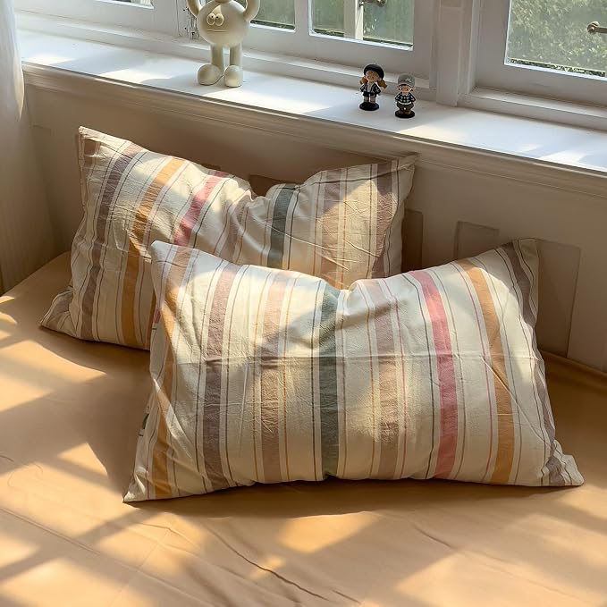 mixinni Vintage Striped Duvet Cover Set King, 3-Piece 100% Washed Cotton Bedding Set - Soft & Breathable Colorful Comforter Cover with Zipper, All-Season Lightweight Bed Set for Cozy Home