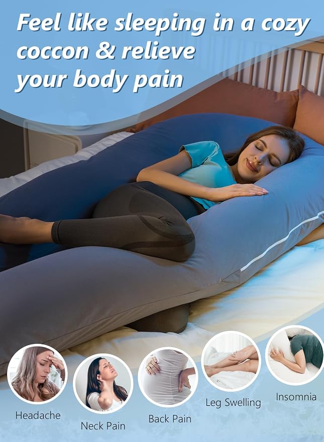 Meiz Pregnancy Pillows, Cooling Silky Pregnancy Pillows for Sleeping, 65" U Shaped Full Body Maternity Pillow for Pregnant Women, with Washable Jersey Cotton Cover, Blue