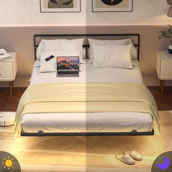 Full Floating Bed Frame with Headboard, Modern Platform Bed Frame with LED Lights and USB Charging Station, Sturdy Metal Bed Frame for Adults, No Box Spring Needed, Easy Assembly, Noise Free Design