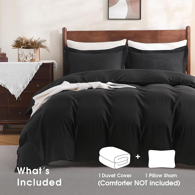 FreshCulture Twin Duvet Cover - 2 Pieces Microfiber Duvet Cover Set with Zipper Closure - Lightweight & Easy Care - 1 Comforter Cover & 1 Pillow Sham - Comforter Not Included (Black)