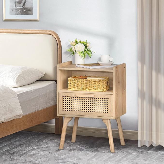 Lerliuo Rattan Nightstand, Boho Side Table with Drawer Open Shelf | Cane Accent Bedside End Table with Solid Wood Legs for Bedroom, Dorm and Small Spaces (Natural)