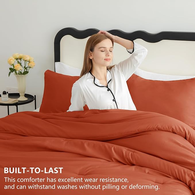 California King Comforter Set, 3 Pieces Terracotta Quilted Bedding | 270 GSM Down Alternative Fill, 4 Corner Ties for Duvet Insert Use, All Season, OEKO-TEX Certified, 2 Pillowcases, 104 x 96 in