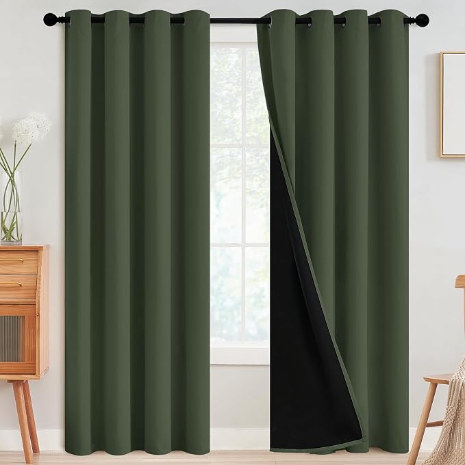 SimpleHome Greyish Green 100% Blackout Curtains Room Darken Living Room 84L | Curtains for Bedroom,Thermal Insulated Grommet Window Drapes,Curtains for Living Room with Black Back,52 x 84 Inch,2 Panels