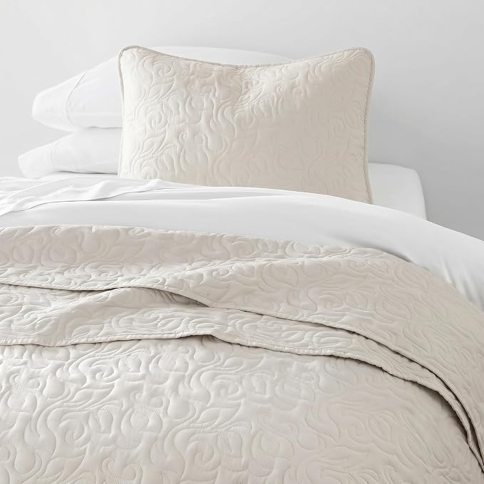 Merit Linens Modern Quilt Coverlet Soft Set in Floral Stitching - Twin/TwinXL Natural