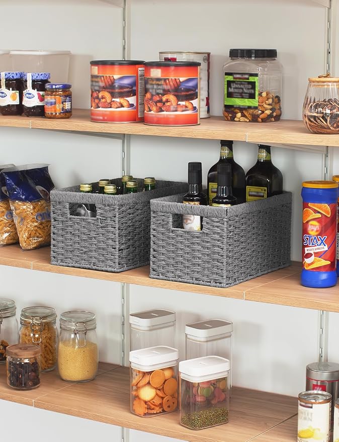 StorageWorks Wicker Storage Baskets, Gray Baskets for Storage, 2-Pack | Paper Rope Wicker Storage Baskets for Shelves, Rectangular Wicker Baskets with Handles, Handwoven Grey Baskets, Woven Baskets