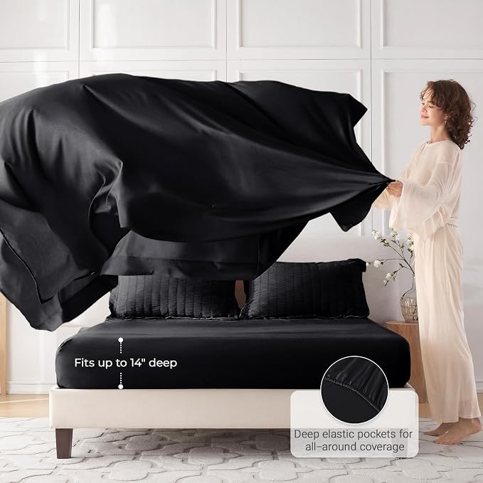 7 Pieces Queen Comforter Set, Seersucker Bed in a Bag Queen Size, All Season Luxury Bedding Set with Comforter, Flat Sheet, Fitted Sheet, Pillowcases & Shams, Black