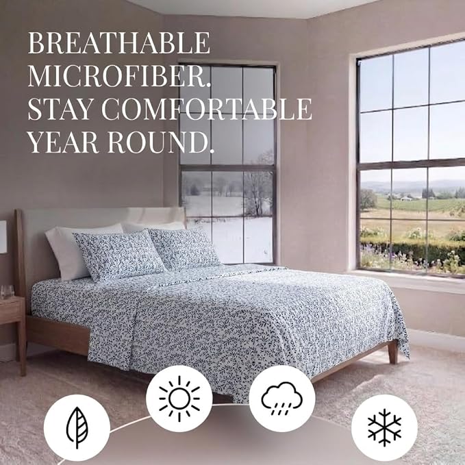 Linen Market 4 Piece King Sheet Set - Breathable, Double-Brushed Patterned Cooling Sheets – Oeko-TEX Certified Ultra Soft & Wrinkle-Free 16" Deep-Pocket King Sheets - Easy Care Burst of Vines Navy
