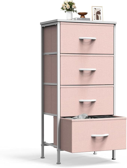 Sweetcrispy Dresser for Bedroom, 4 Drawer Storage Cabinet, Tall Nightstand | Small Fabric Dresser for Closet, Chest of Drawers, Closet Organizer, Home Furniture, Sturdy Frame, Pink