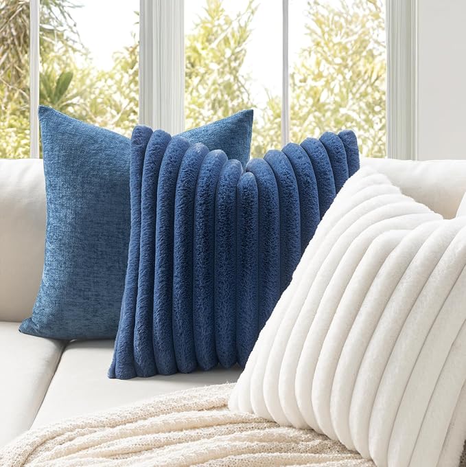 MIULEE Faux Fur Decorative Throw Pillow Covers 18x18 Set of 2 Navy Blue | Coastal Modern Soft Plush Couch Pillows, Cozy Fluffy Cushion Covers for Sofa Bed Living Room Home Decor