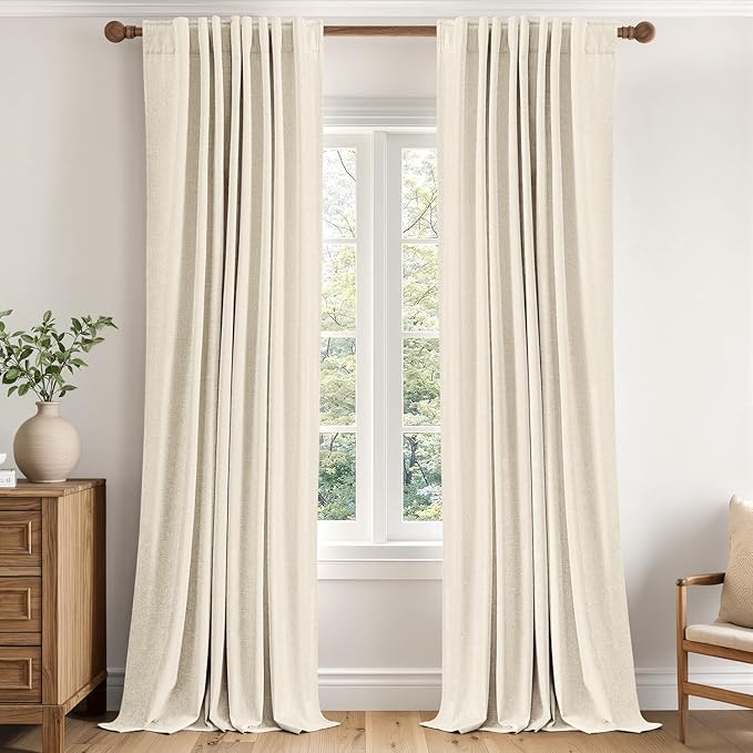 MIULEE 100% Blackout Linen Curtains for Bedroom 40W x 108L Cream Beige | 2 Panels, 108 inches Long, Thermal Insulated, Room Darkening, Black Out Drapes for Living Room, Back Tab Rod Pocket