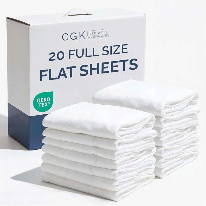 Bulk Case Pack of 20 Flat Sheets - Full Size Flat Sheets - White | Wholesale Bulk Flat Sheets for Hotels, Spas & Airbnbs, Soft, Cooling & Breathable, Wrinkle Free, Fade & Shrink Resistant