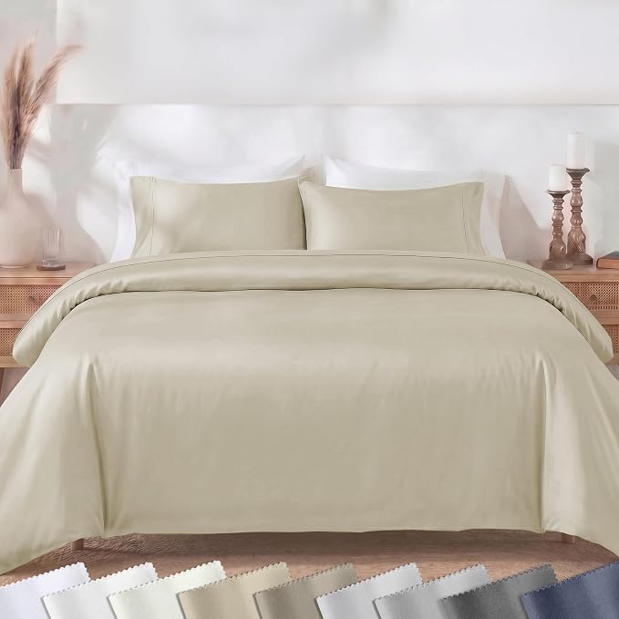 California Design Den Luxury Queen Duvet Cover Set, Beige | Soft 400 Thread Count 100% Cotton Sateen Backed by GH Seal, Duvet Cover & Pillow Sham 3 Pc Set, Button Closure & Corner Ties