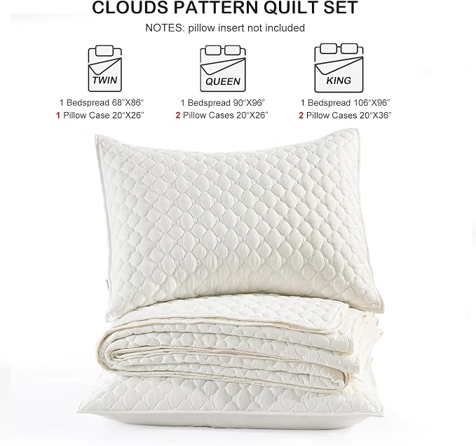 HORIMOTE HOME Cream Quilt King Size, Lightweight Quilt for Summer Ultra-Soft Microfiber Modern Style Quilted Clouds Pattern Bedspread Quit Set 3 Pieces (1 Quilt and 2 Pillow Shams)