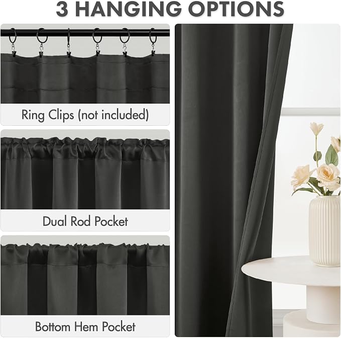 MIULEE 4 Panel Set Short Bedroom Blackout Curtains 54 Inch Long Dark Grey | Thermal Curtains for Summer Heat, Light Blocking Privacy Window Drapes, Top&Bottom Rod Pocket