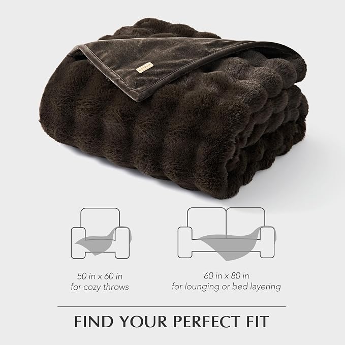Faux Rabbit Fur Bubble Throw Blanket, 60"x80", Dark Brown | Ultra Soft, Luxury Faux Rabbit Fur Throw, Thick Warm Bubble Blanket, Cozy Fluffy Reversible, for Bed, Couch, Chair, Sofa