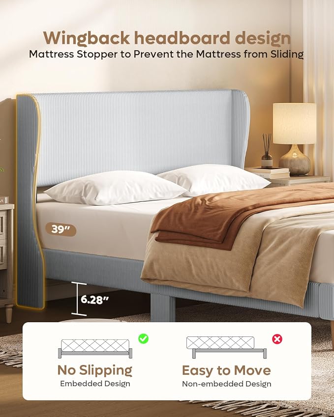Bestier Queen Bed Frame with Wingback Headboard,Upholstered,Light Grey | No Squeaks,Easy Assembly,Wingback Headboard,Vertical Channel Corduroy Upholstered,Wooden Slats Support,No Box Spring Needed